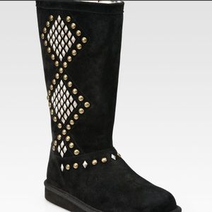 Ugg Avondale Black Suede Boots Diamond Gold and Silver Metal Studs inside zip